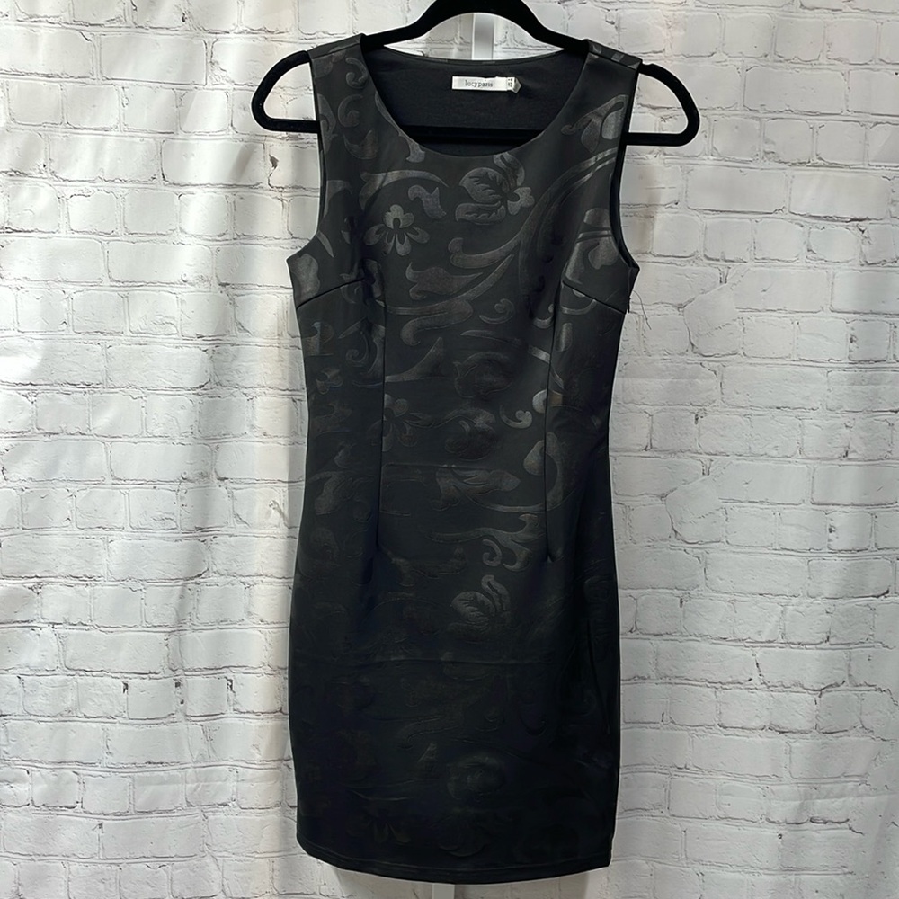 Lucy Paris black scroll print body con open back sleeveless small dress